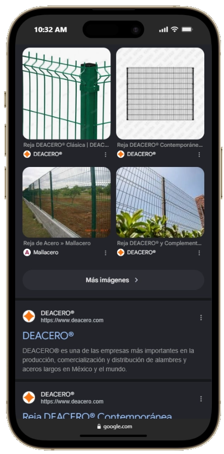 Resultados de Google en un smartphone con el catálogo de Reja DEACERO® indexado en imágenes y fichas de producto