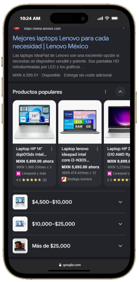 Resultado de Google en un smartphone mostrando fichas de producto con precio y disponibilidad gracias a los datos estructurados