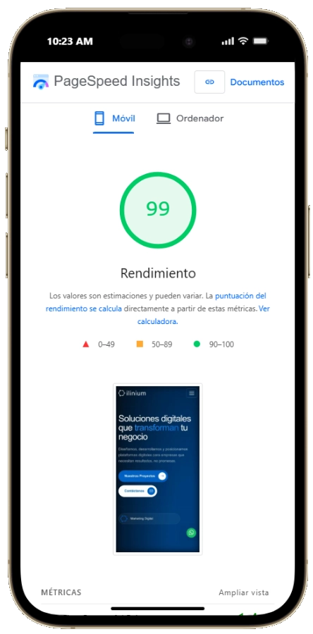Reporte de PageSpeed Insights en un smartphone con 99 puntos de rendimiento para un sitio desarrollado por ilinium