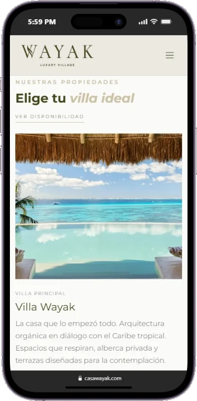 Sitio de Casa Wayak visto en un smartphone, diseñado mobile first por ilinium