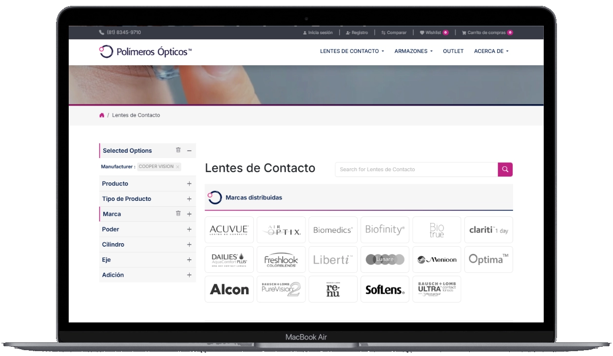 Catálogo B2B de Polímeros Ópticos en una laptop, con filtros por marca, poder y cilindro junto a las marcas distribuidas