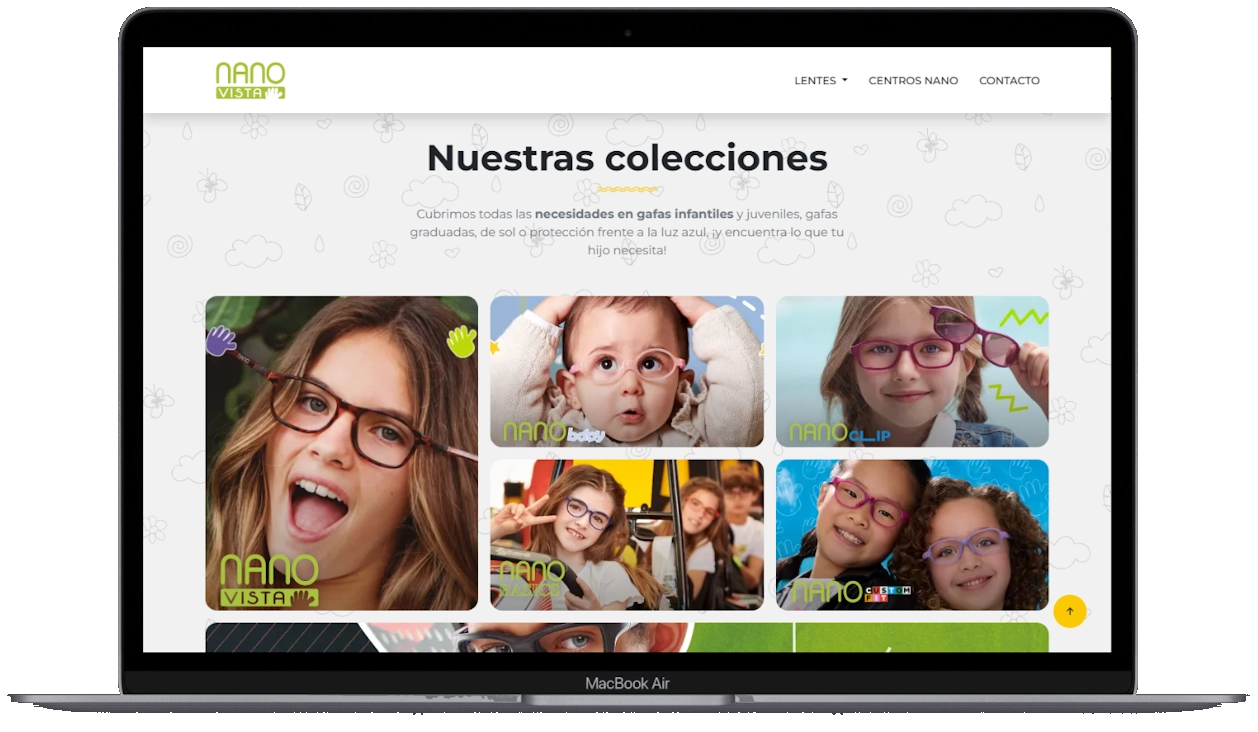 Tienda en línea de NanoVista en una laptop, mostrando sus colecciones de gafas infantiles y juveniles