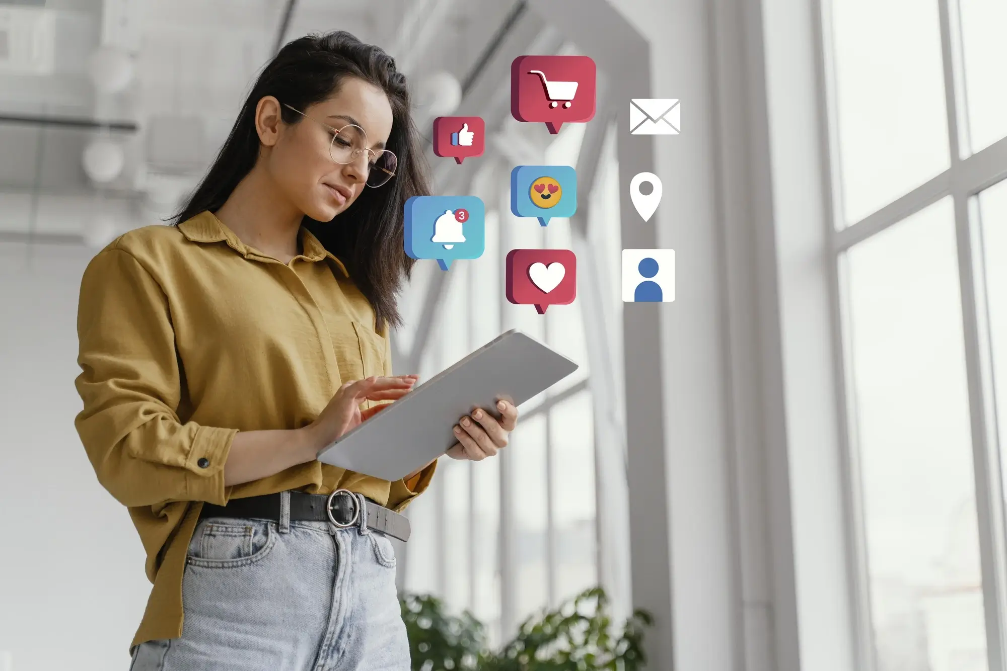 Mujer con tableta e iconos encima